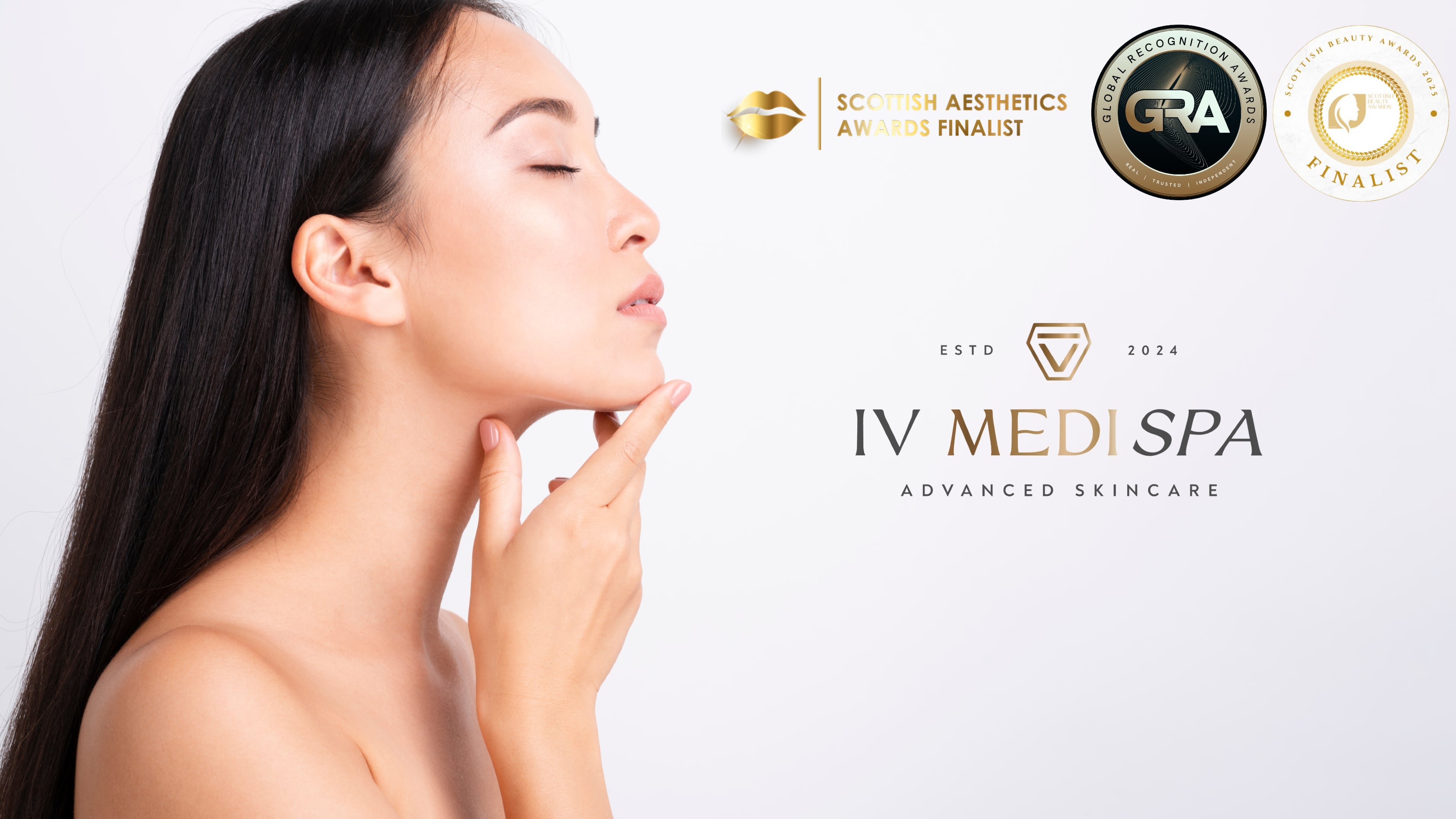 Woman touching her face with a white background featuring IV Medi Spa logos.