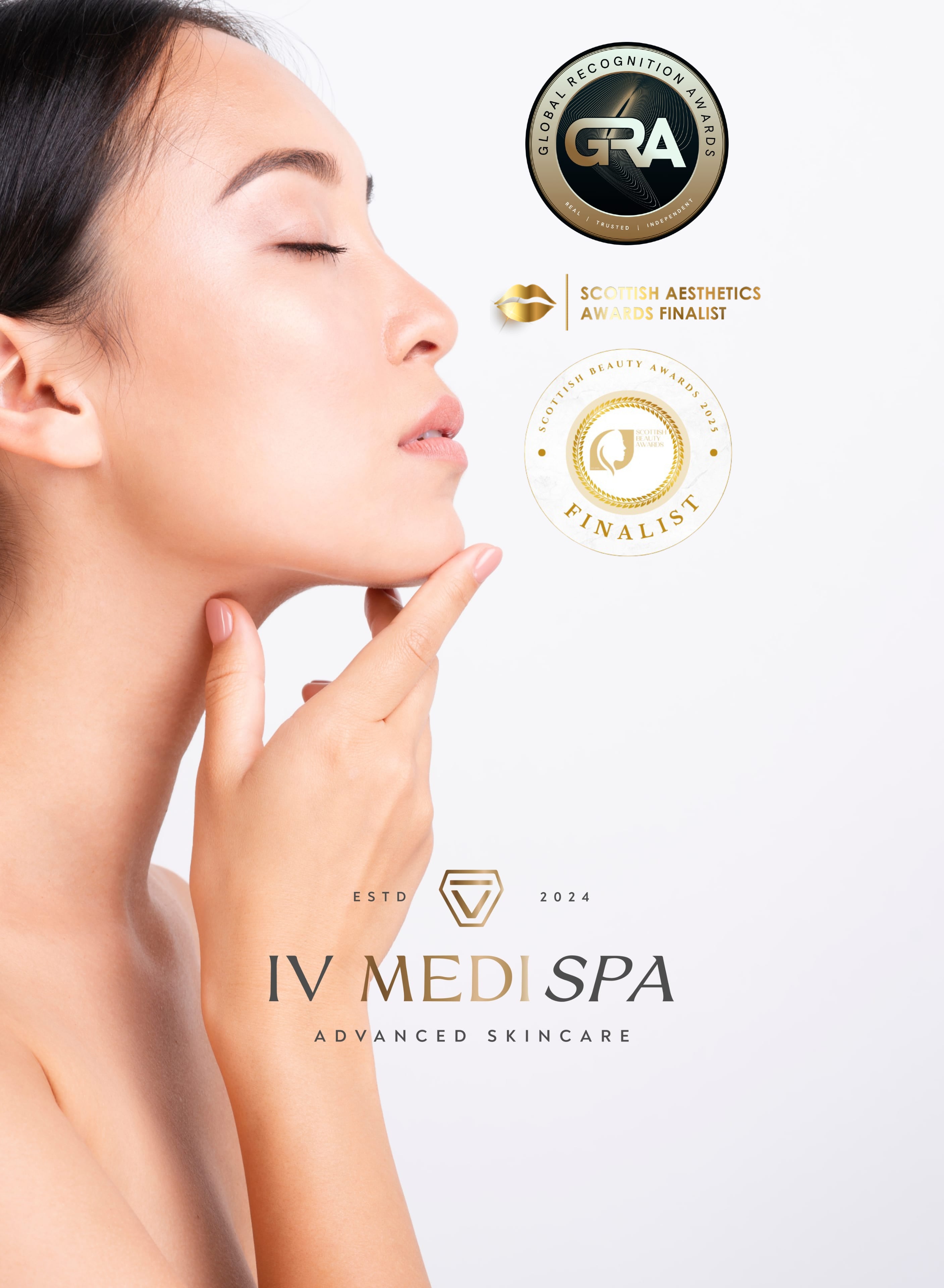 Woman touching her face with a white background featuring IV Medispa logos.
